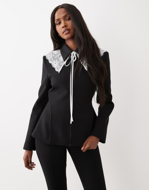 ASOS DESIGN - Blazer à basque avec col en dentelle - Noir - view 1