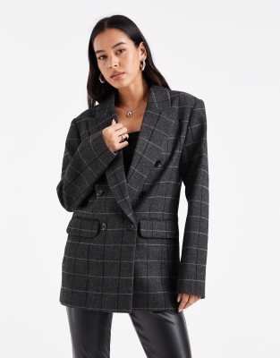 Blazer à carreaux élégant en laine mélangée avec double boutonnage - Noir/gris-Multicolore 34