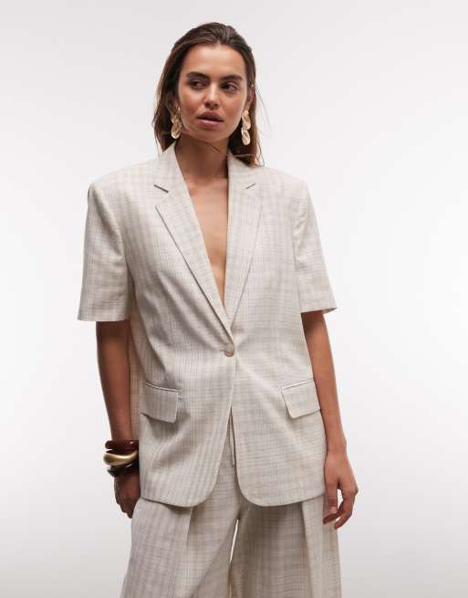 ASOS DESIGN - Blazer a maniche corte beige a quadri in coordinato