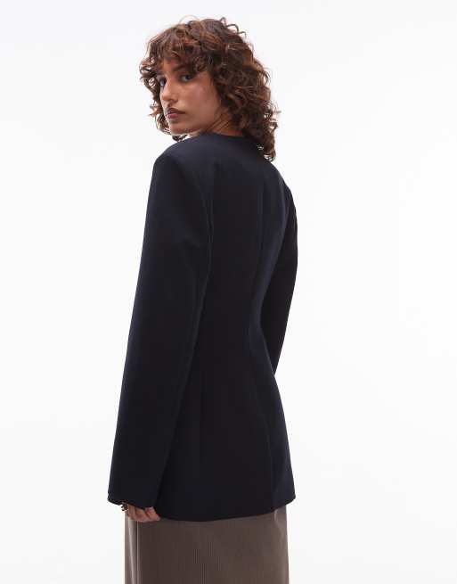 ASOS DESIGN - Blazer accollato senza colletto stretto in vita blu navy, 4 di 4
