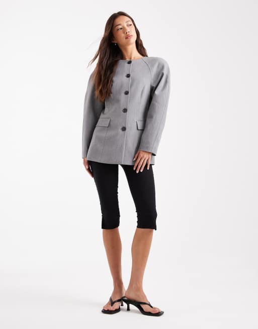 ASOS DESIGN - Blazer accollato stretto in vita con maniche cocoon grigio mélange, 2 di 4