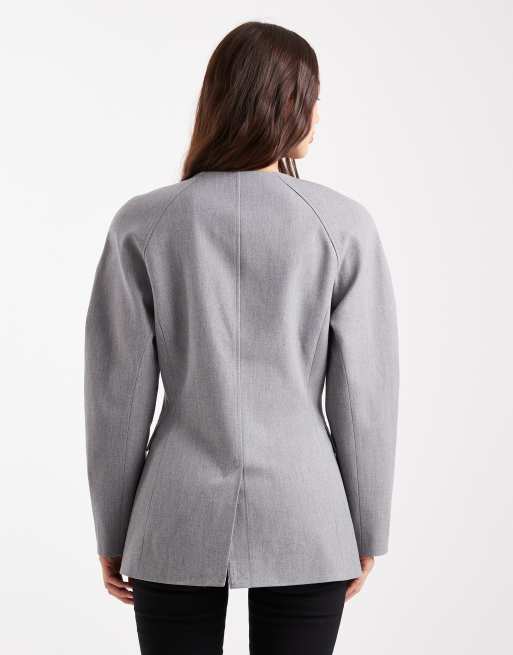 ASOS DESIGN - Blazer accollato stretto in vita con maniche cocoon grigio mélange, 4 di 4