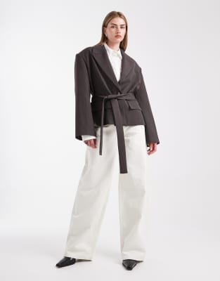 Blazer ajusté avec ceinture coupe carrée - Chocolat-Brown M