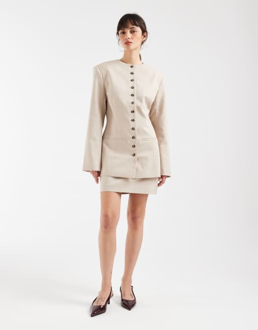 ASOS DESIGN - Blazer ajusté avec col montant et boutons - Sable chiné, 3 de 4