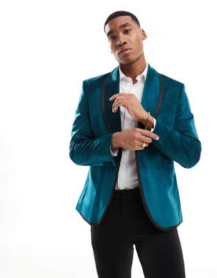 ASOS DESIGN slim velvet blazer with contrast trims in turquoise blue - ASOS Price Checker