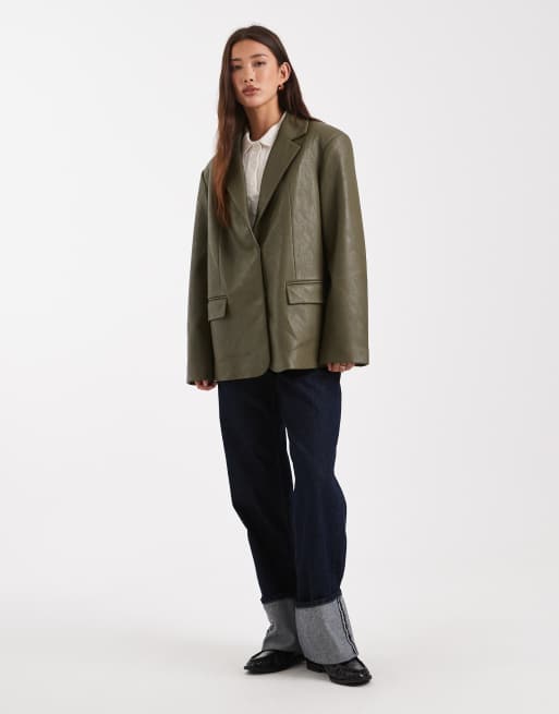 ASOS DESIGN - Blazer ajusté oversize en similicuir - Vert foncé, 2 de 4
