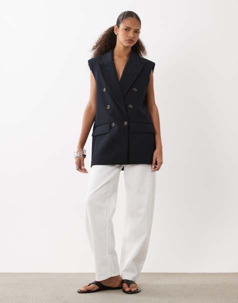 ASOS DESIGN - Blazer ajusté sans manches à double boutonnage et épaulettes - Bleu marine - view 1