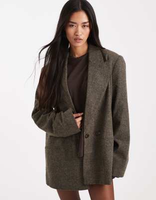 ASOS DESIGN - Blazer aus angerautem Wollmix in Braun mit Fischgrätmuster und vielseitigen Tragemöglichkeiten-Brown
