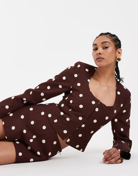 ASOS DESIGN – Blazer aus Leinenmix in Braun mit Polka Dots und Rundhalsausschnitt - view 1
