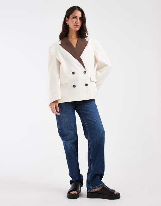 ASOS DESIGN Blazer aus Leinenmix mit kontrastierendem Revers in Creme, Kombiteil, 3 von 4