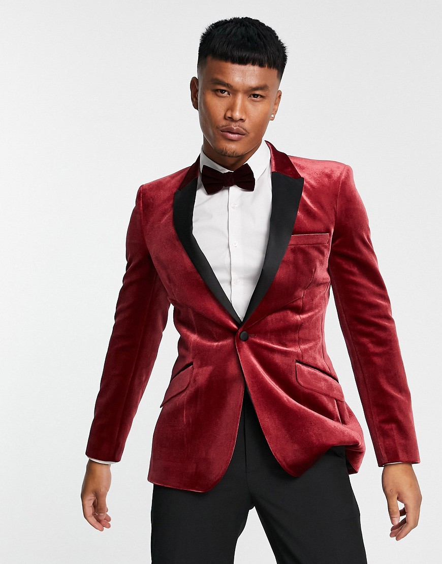 asos design -  – Blazer aus Samt in Burgunder mit sehr engem Schnitt und farblich abgesetztem Revers-Rot