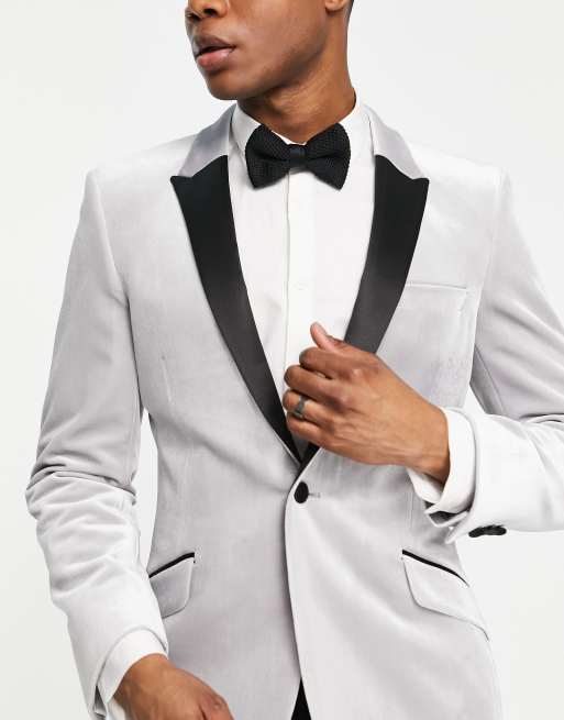 ASOS DESIGN – Blazer aus Samt in Silber mit superengem Schnitt und kontrastierendem Revers, 2 von 4