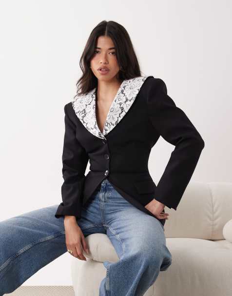 ASOS DESIGN - Blazer cintré avec col en dentelle - Noir - view 1