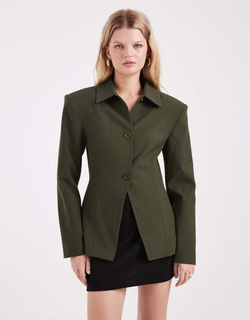 ASOS DESIGN - Blazer color oliva gessato con colletto e spalle oversize