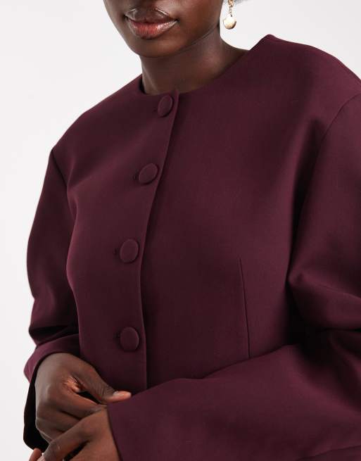 ASOS DESIGN - Blazer color prugna senza colletto con maniche cocoon in coordinato, 3 di 4