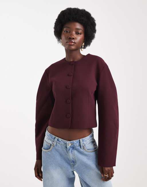ASOS DESIGN - Blazer color prugna senza colletto con maniche cocoon in coordinato, 4 di 4