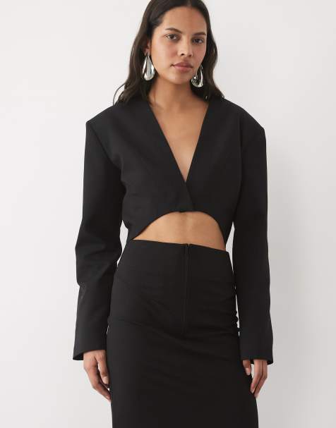 ASOS DESIGN blazer corto coordinato con scollo profondo nero - view 1