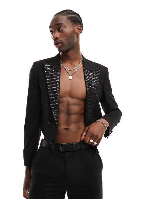 ASOS DESIGN - Blazer corto skinny nero con rever in paillettes