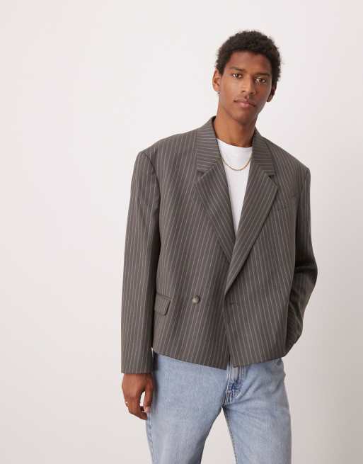 ASOS DESIGN - Blazer court ultra oversize à double boutonnage et rayures fines - Gris, 2 de 5