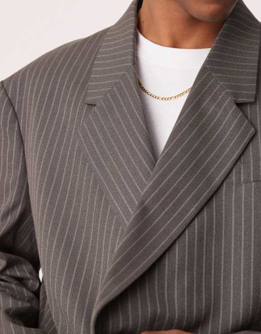 ASOS DESIGN - Blazer court ultra oversize à double boutonnage et rayures fines - Gris, 5 de 5