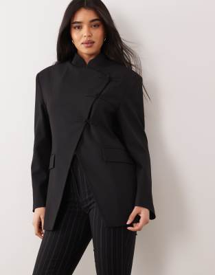 ASOS DESIGN - Blazer croisé à col cheminée et boutons mao - Noir