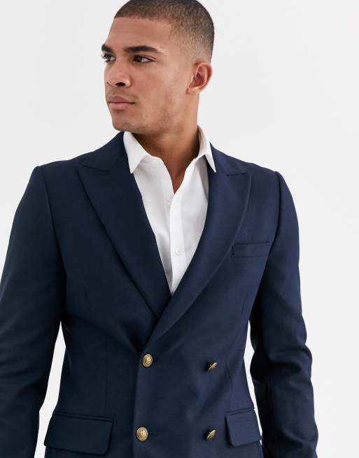 Asos Design Blazer Croise Ajuste Avec Bouton Dore Bleu Marine