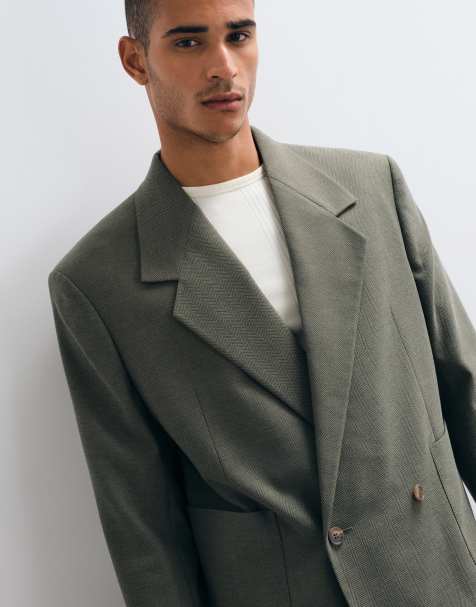ASOS DESIGN blazer croisé coupe carrée en laine à chevrons vert - view 1