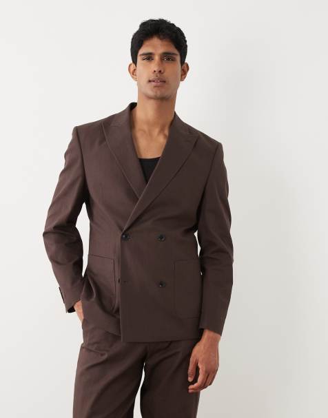ASOS DESIGN - Blazer da abito doppiopetto 100% cotone effetto lino marrone vestibilità classica - view 1