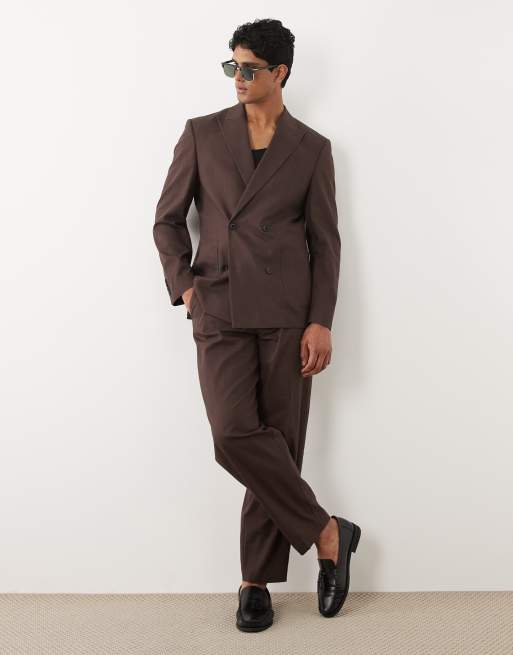 ASOS DESIGN - Blazer da abito doppiopetto 100% cotone effetto lino marrone vestibilità classica, 2 di 5