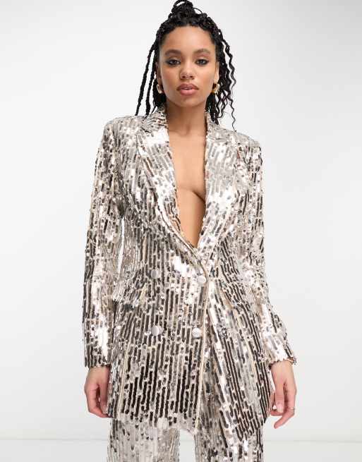 ASOS DESIGN - Blazer da abito doppiopetto slim in paillettes argento