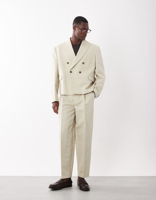 ASOS DESIGN - Blazer da abito doppiopetto squadrato in misto lino color pietra, 3 di 5