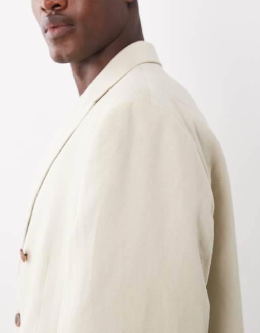 ASOS DESIGN - Blazer da abito doppiopetto squadrato in misto lino color pietra, 4 di 5