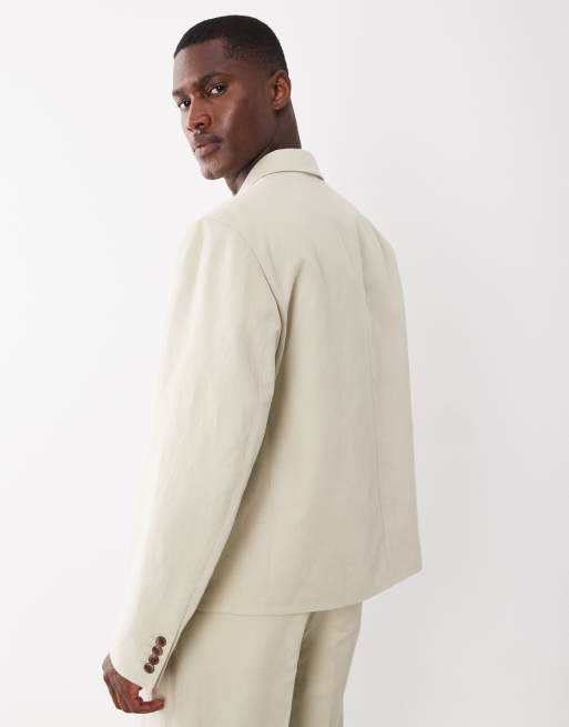ASOS DESIGN - Blazer da abito doppiopetto squadrato in misto lino color pietra, 5 di 5