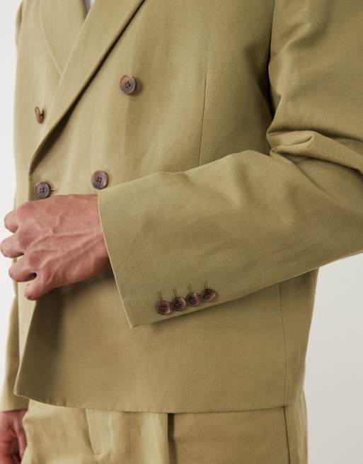 ASOS DESIGN - Blazer da abito doppiopetto squadrato in misto lino kaki, 5 di 5