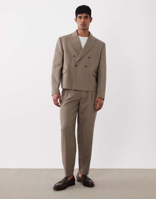 ASOS DESIGN - Blazer da abito doppiopetto squadrato in misto lino marrone, 2 di 5