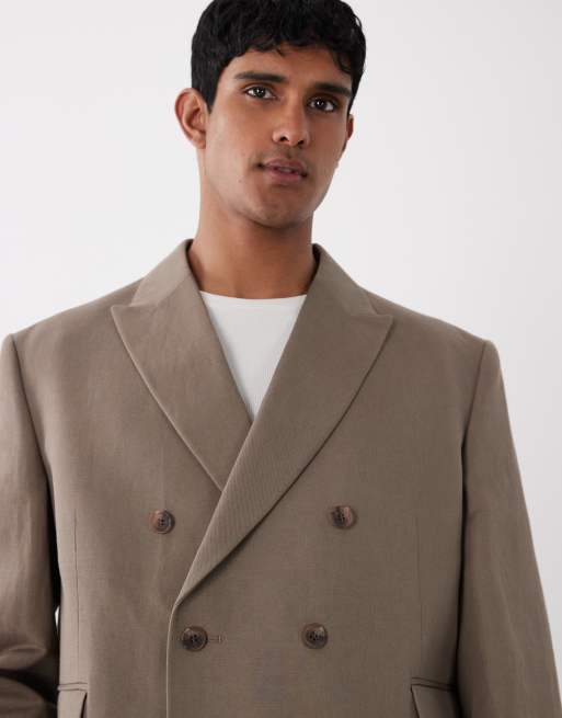 ASOS DESIGN - Blazer da abito doppiopetto squadrato in misto lino marrone, 3 di 5