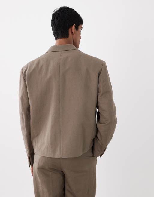 ASOS DESIGN - Blazer da abito doppiopetto squadrato in misto lino marrone, 5 di 5