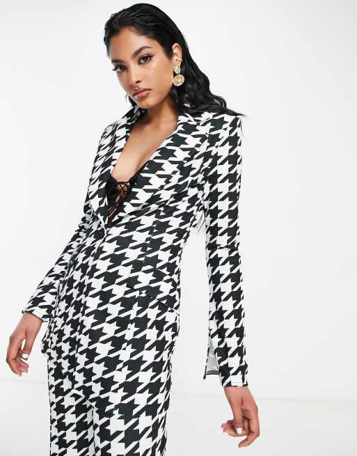 ASOS DESIGN Blazer de costume en jersey motif pied de poule et manches fendues Multicolore