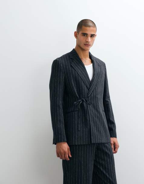 ASOS DESIGN blazer de costume regular riche en lin avec ceinture à nouer à la taille à rayures fines bleu marine - view 1