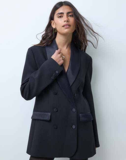 ASOS DESIGN blazer de sastre de doble botonadura con satén en contraste en negro, 4 de 5