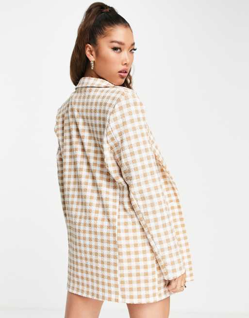ASOS DESIGN - Blazer de tailleur coupe boyfriend en jersey texturé à carreaux - Naturel, 3 de 4