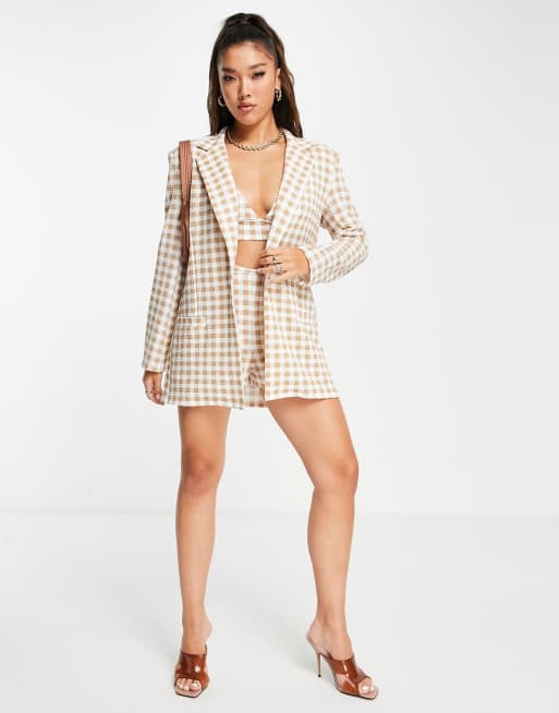ASOS DESIGN - Blazer de tailleur coupe boyfriend en jersey texturé à carreaux - Naturel, 4 de 4