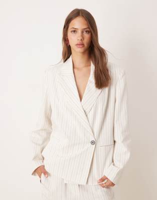 ASOS DESIGN - Blazer d'ensemble oversize coupe carrée en lin mélangé rayé-Blanc