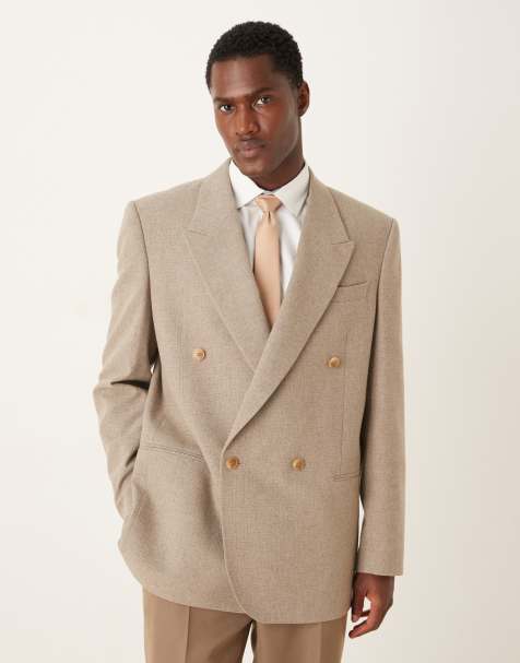 ASOS DESIGN - Blazer doppiopetto comodo squadrato beige a quadretti micro in misto lana - view 1