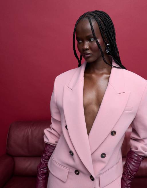 ASOS DESIGN - Blazer doppiopetto con spalle rinforzate rosa tenue, 3 di 4