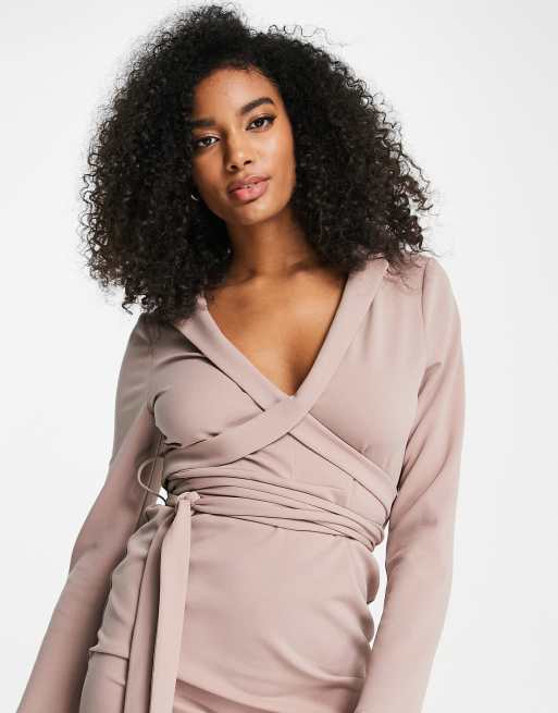 ASOS DESIGN blazer dress with wrap around detail in taupe, 3 of 4
