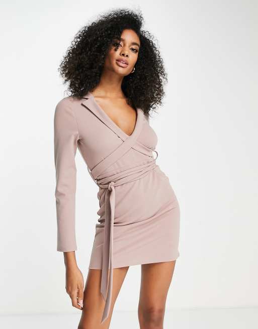 ASOS DESIGN blazer dress with wrap around detail in taupe, 4 of 4