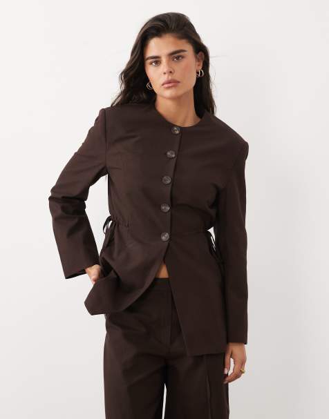 ASOS DESIGN blazer en lin à nouer sur le côté couleur chocolat, ensemble 2 pièces - view 1
