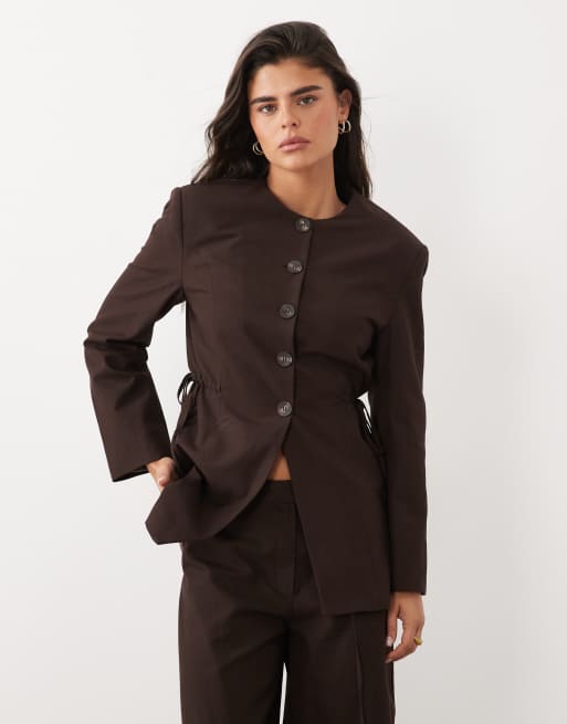 ASOS DESIGN - Blazer d'ensemble en lin avec détail noué sur le côté - Chocolat, 3 de 3