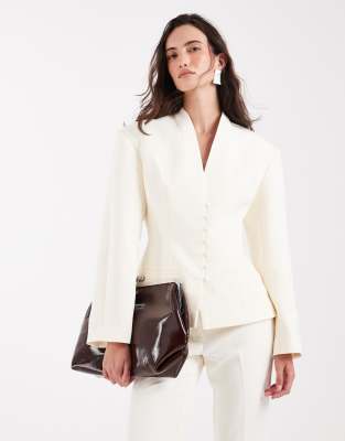 Blazer habillé sans col à boutons multiples - Crème-Jaune 42